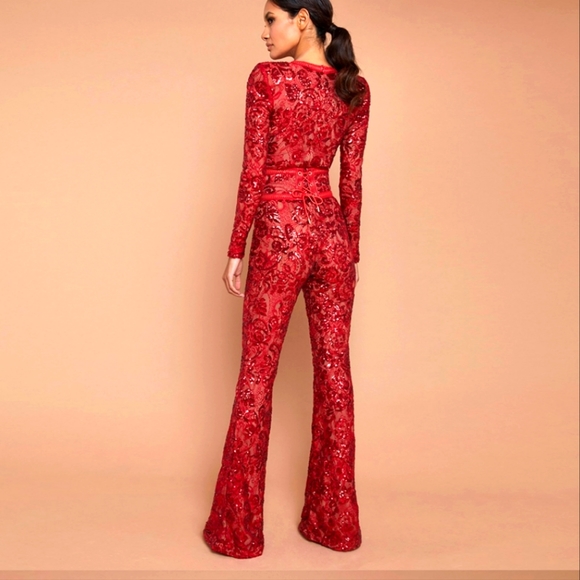 NWT Majestic  VIP Celeb Red Sequence Embroidery lace Jumpsuit. XL - Picture 5 of 8